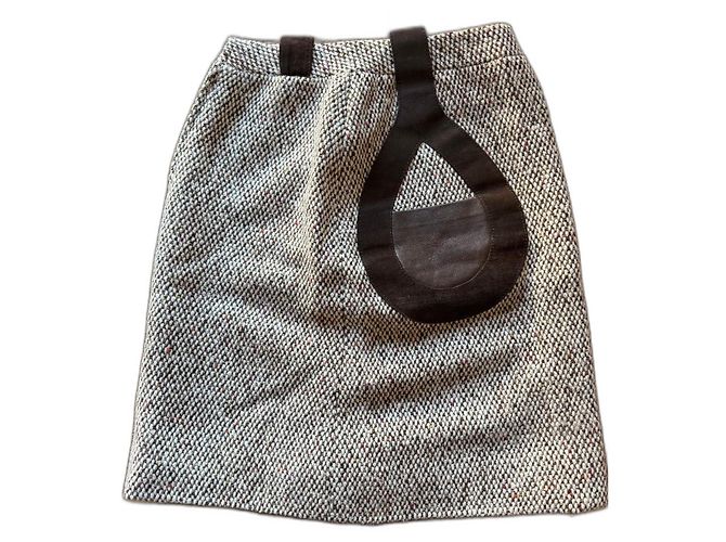 Saia Pierre Cardin Bege de Lã e Couro