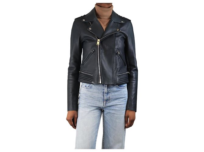 Maje Chaqueta de cuero biker azul marino - talla UK 10