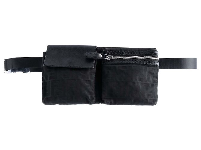 Fendi Black Zucca Canvas Double Pocket Belt Bag