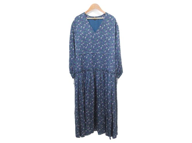 Autre Marque Langes Kleid aus Seidensatin mit Blumenmuster Drawer Blau Marineblau