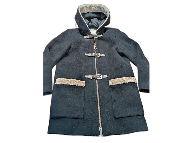 Sandro Duffle Coat Black Wool Shearling