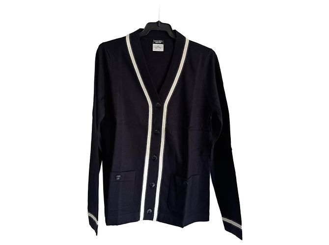Cambon Chanel Cardigan Marineblau Baumwolle mit beigen Streifen