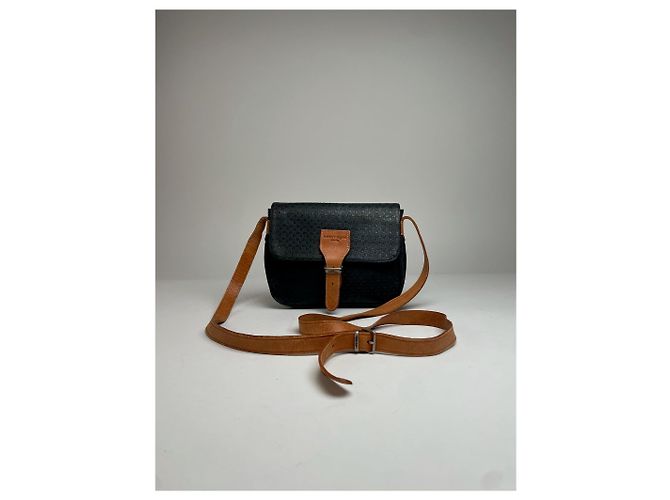 Bolsa de ombro em couro monograma vintage Courreges preta e marrom Preto