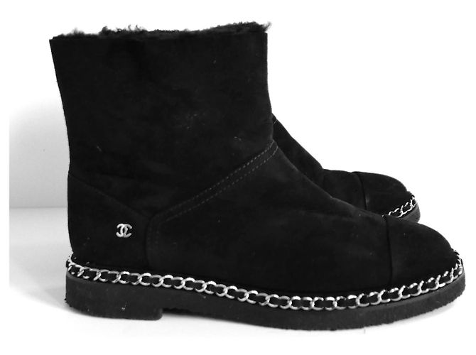 Chanel Chain Trim Shearling Lined Ankle Boots Black
