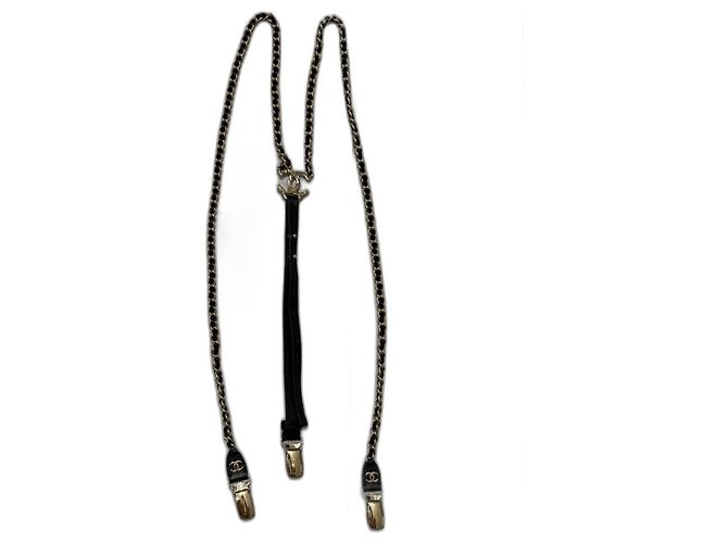 Suspensórios Chanel de couro preto e metal prateado Tamanho M Prata