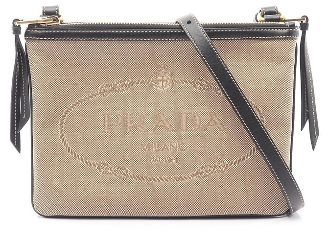 Bolsa de ombro em jacquard com logo Prada Preto Bege