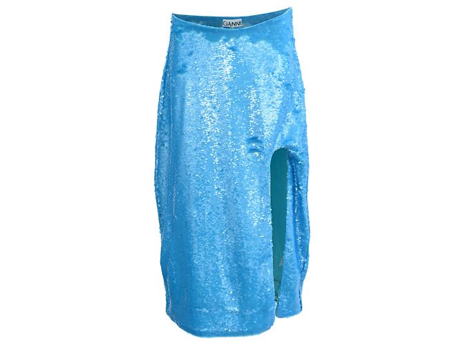 Ganni Midirock aus blauer Polyester mit Pailletten und Schlitz