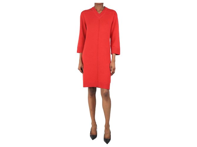 Hermès Rotes Kaschmir-Midi-Kleid mit V-Ausschnitt - Größe UK 6