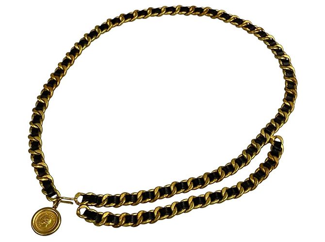 Cinto de couro Chanel Cambon Chain Preto Dourado