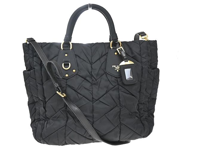 Prada Convertible Side Pocket Tote Chevron Tessuto Medium Black
