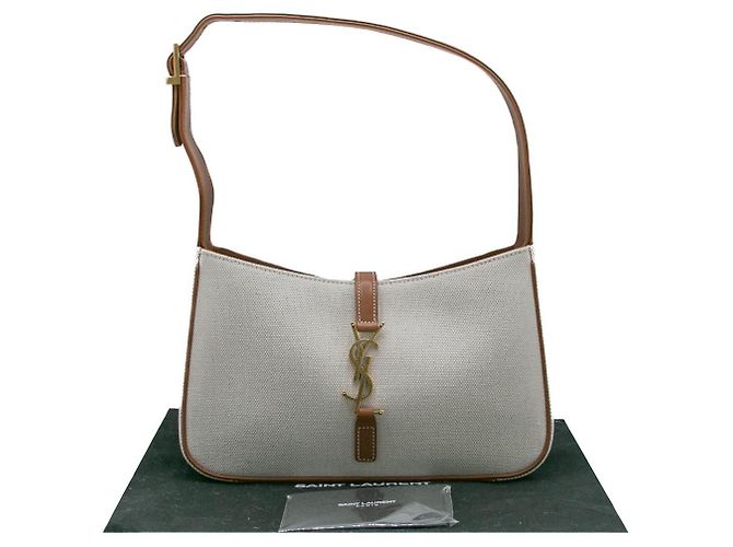 Saint Laurent Bolsa Hobo Le 5 A 7 Bege de Couro