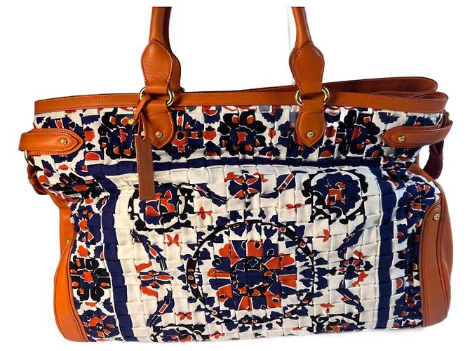 Sacola tote Escada em couro laranja e tecido estampado Branco Vermelho Azul