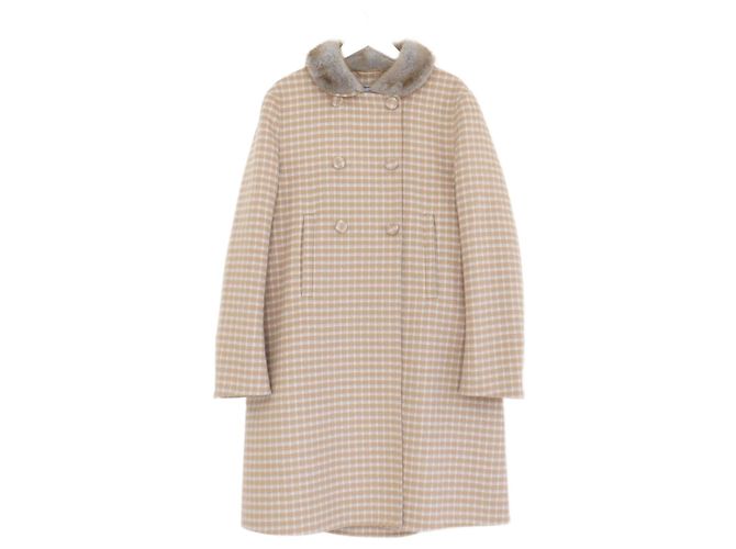 Prada Fall 2015 Checked Wool Coat With Fur Collar Beige