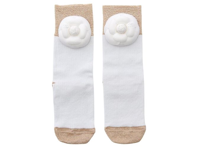 Chanel Camellia Coco Mark Socks White Golden 