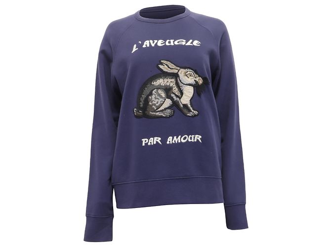 Gucci L'Aveugle Par Amour Pullover aus navyblauer Baumwolle mit Hasenapplikation Marineblau