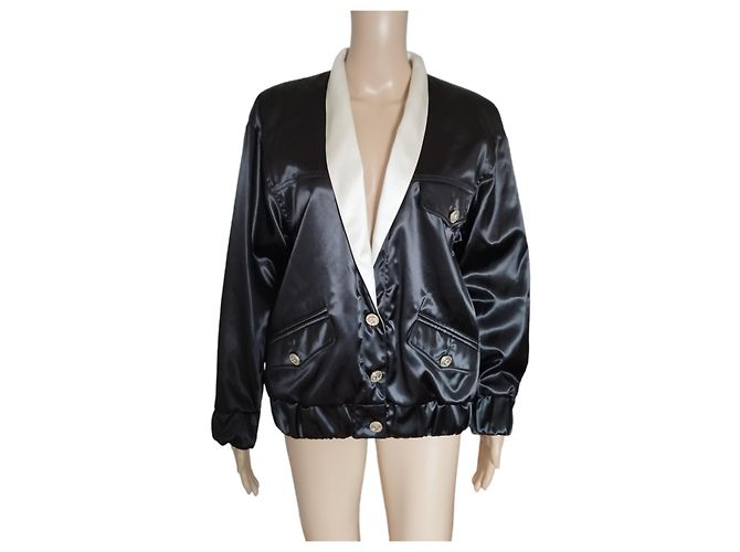 Chanel Black Satin Bomber Jacket with White Collar S/S 2021