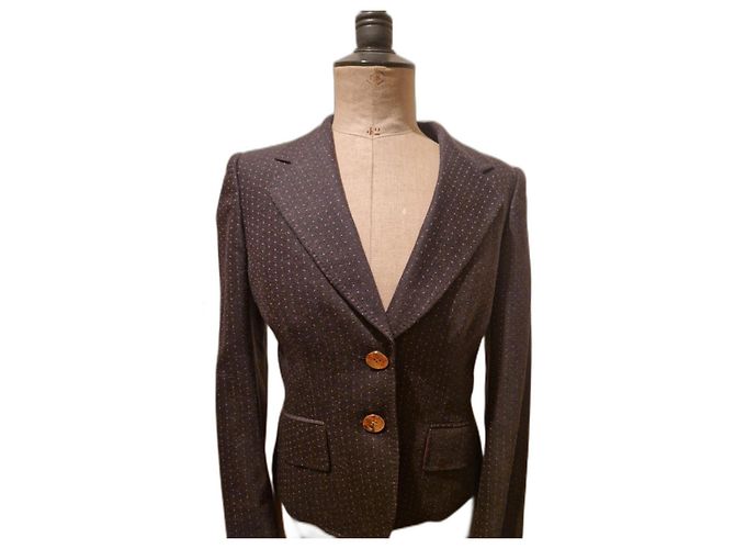 Tailleur de Saia Brioni em Lã Cinza Escuro com Poás Rosa