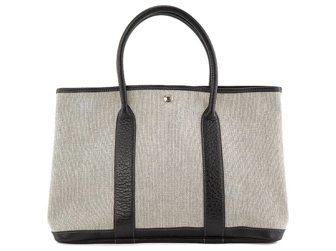 HERMÈS - Garden Party Handbag in Grey Canvas and Black Leather