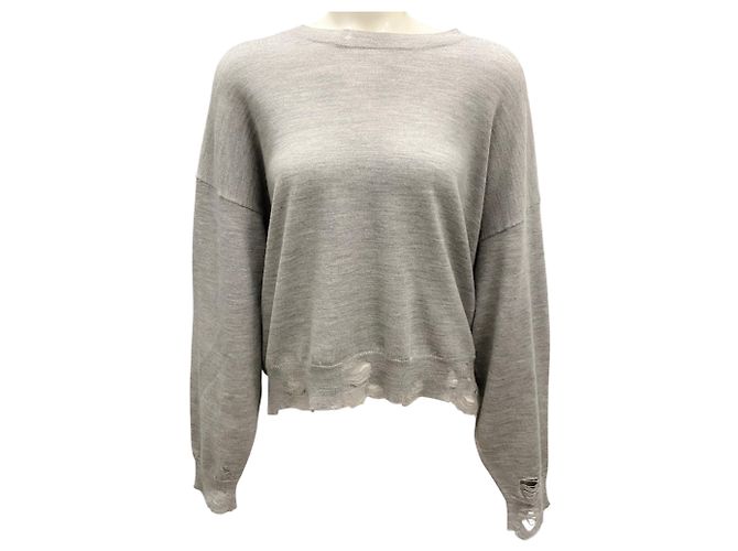 R13 Leichtes, hellgraues, distressed, oversized Crop-Pullover 