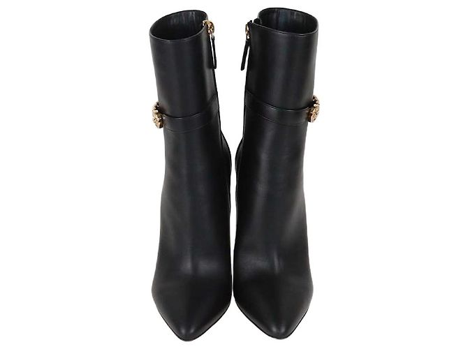 Versace Black Leather Safety Pin Pointed Toe Heeled Ankle Boots