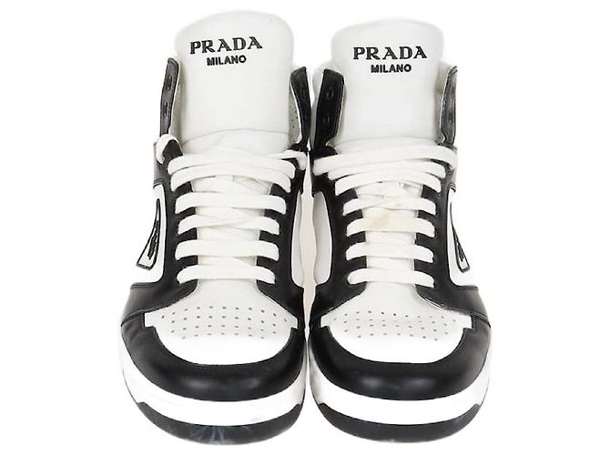 Prada White/Black Leather Avenue High Top Sneakers