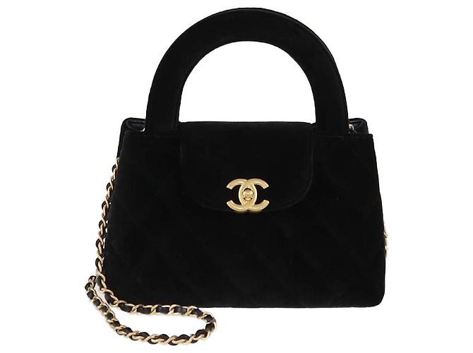 Chanel Mini Kelly Tasche aus schwarzem, gestepptem Samt
