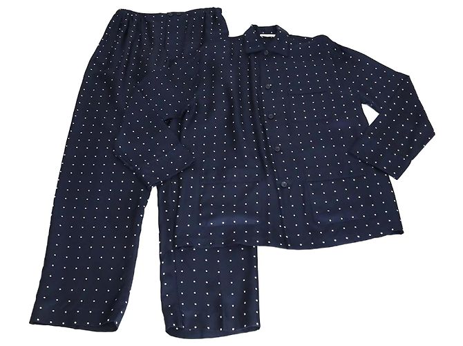 Set di camicia da pigiama in seta blu navy con pois Loro Piana e pantaloni Britton