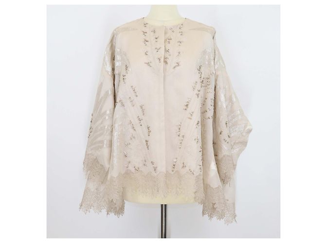 Biyan Camicia oversize beige in lino con dettagli in perle a maniche tre quarti