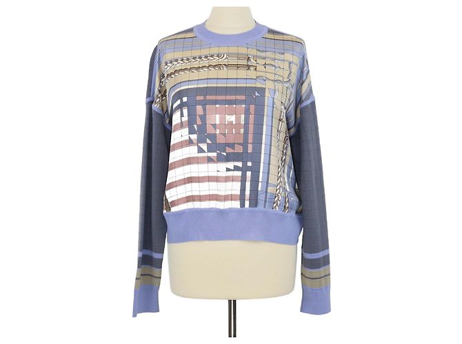 Hermès Langarmiger Pullover aus blauer Seidenmischung mit Deja Vu Coaching Druck von Hermes