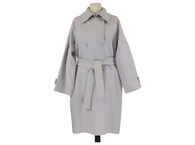 Max Mara Grey Blend Wool Double Breasted Belted Trench Coat