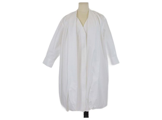 Vestido midi drapeado texturizado listrado de algodão branco Loewe