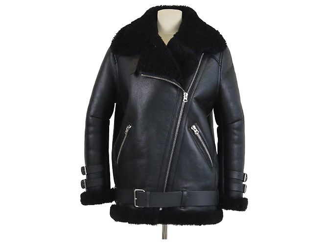Acne Studio Black Leather Oversized Velocite Shearling Jacket