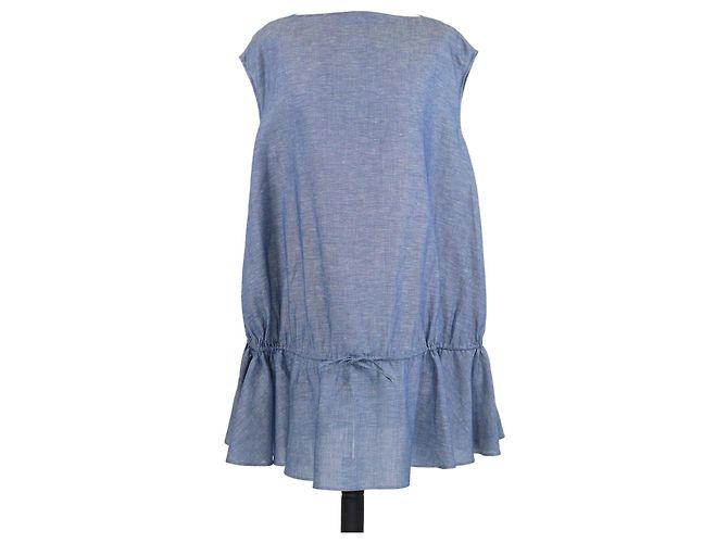 Alaïa Abito Mini Ruché in Chambray di Cotone Blu Alaia