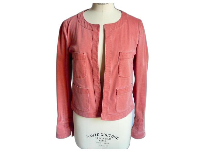 CHANEL Short Coral Denim Jacket Size 40 Excellent Condition