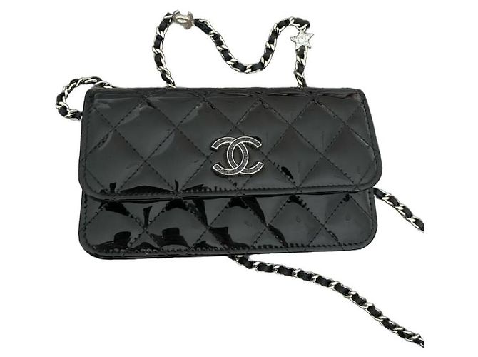 Chanel Wallet on Chain Black Patent Leather Silver Hardware Silvery