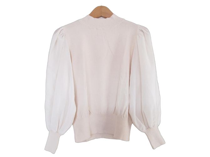 Autre Marque Und Couture Ärmel Tüll Chiffon Hoher Kragen Pullover Bluse Beige