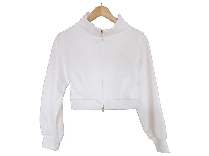 Autre Marque E Couture Cardigan Ricamato con Zip Pullover Giacca Bianco Bianco sporco