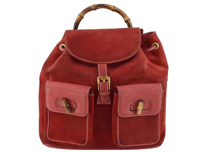 Gucci Vintage Bamboo Backpack Suede Medium Red