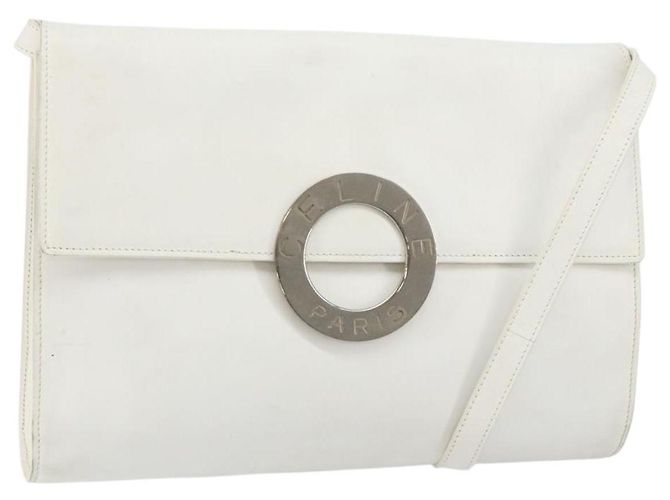 Céline Bolsa de Ombro de Couro Branca Prata Auth 142865 Branco