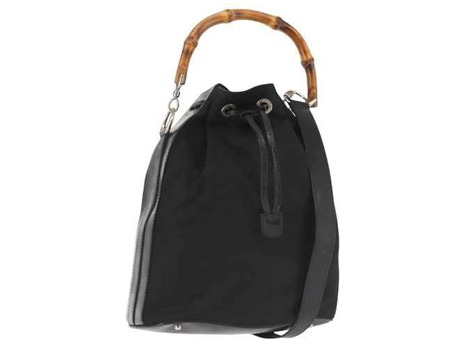 GUCCI Bamboo Handtasche Nylon 2-Wege Schwarz Silber Authentisch BA5354