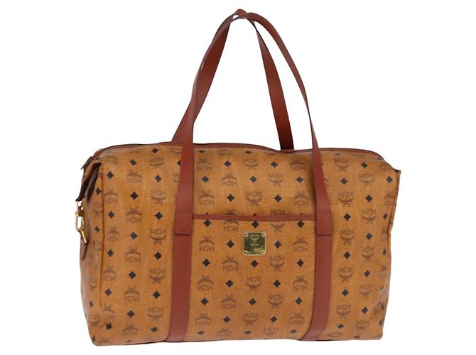 Bolsa Boston MCM Logogram Vicetos em couro PVC marrom e dourado Auth gh882