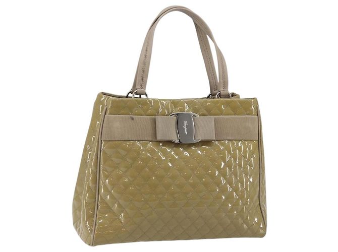 Salvatore Ferragamo Vala Tote Bag Emaille Khaki Silber Auth 144975