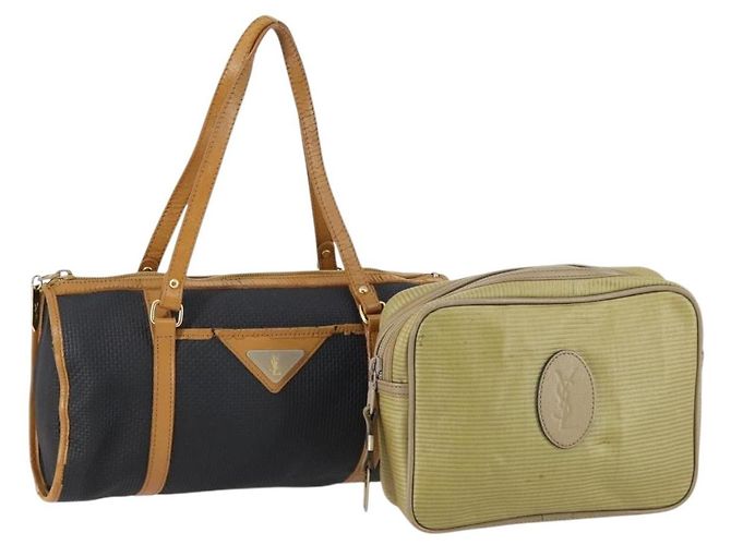 SAINT LAURENT Handtasche Leder 2Set Schwarz Gold beige Auth am9229 Golden
