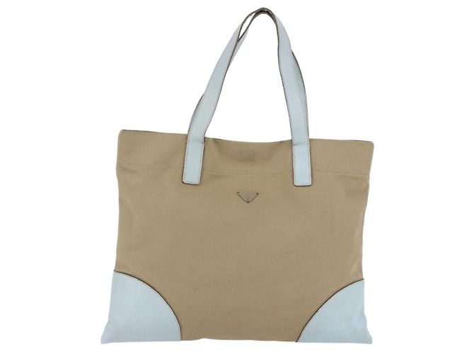 Bolsa Tote PRADA em lona bege e azul claro Auth bs29888