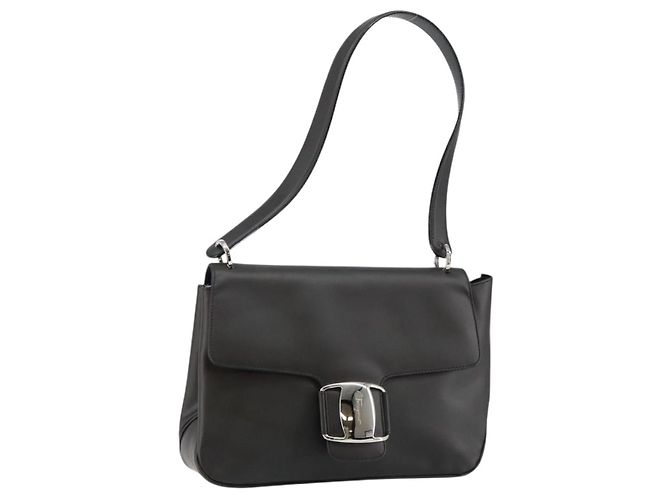 Borsa a Spalla Vala in Pelle Nera e Argento di Salvatore Ferragamo Auth BA6586 Nero