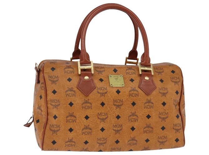 Borsa Boston MCM Logogram Vicetos in pelle PVC marrone e oro Auth gh901 D'oro