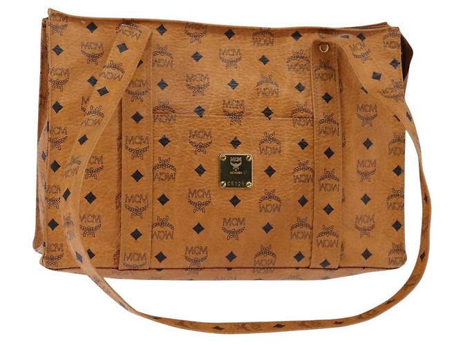Bolsa tote MCM Logogram Vicetos em couro PVC marrom e dourado Auth gh881