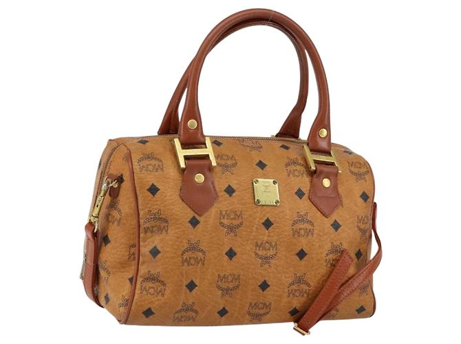 Bolsa Boston MCM Logogram Vicetos em couro PVC 2 em 1 marrom dourado Auth gh1077