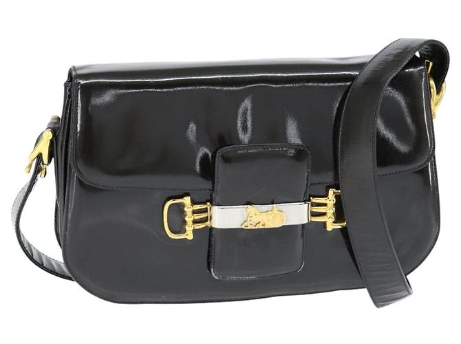 Borsa a Spalla CÉLINE Carrozza Smalto Nero Oro Auth 149158 D'oro