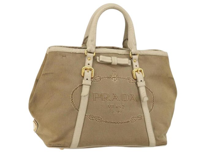 PRADA Bolsa de mão em lona bege dourada Auth 146705 Dourado